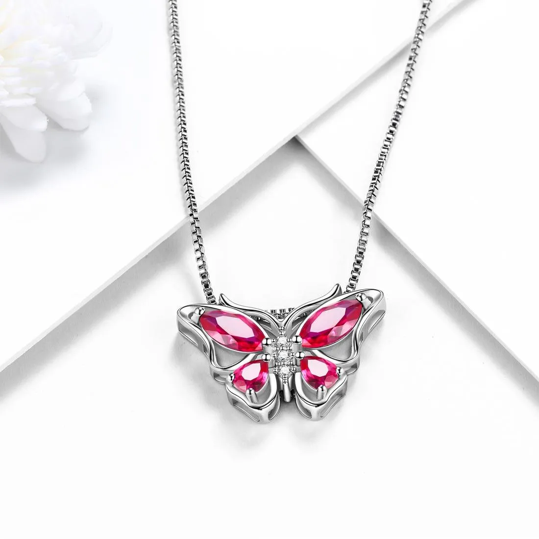 Butterfly Pendant Necklace Birthstone July Ruby Women Girls Jewelry Birthday Gift