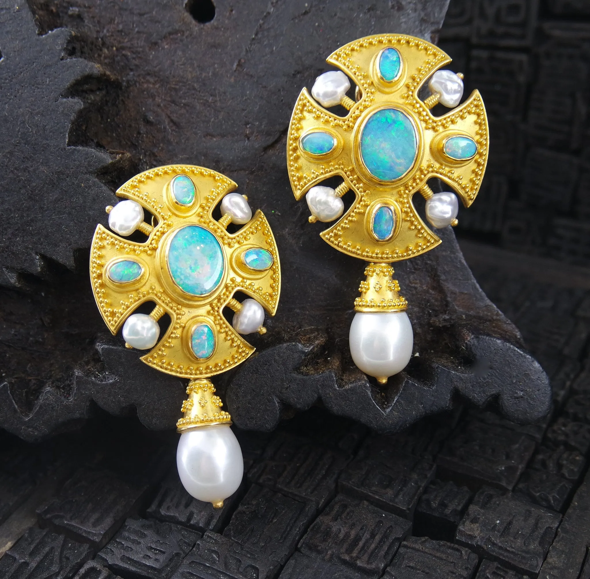 Carolyn Tyler 22K Yellow Gold, Opal, and Pearl Earrings