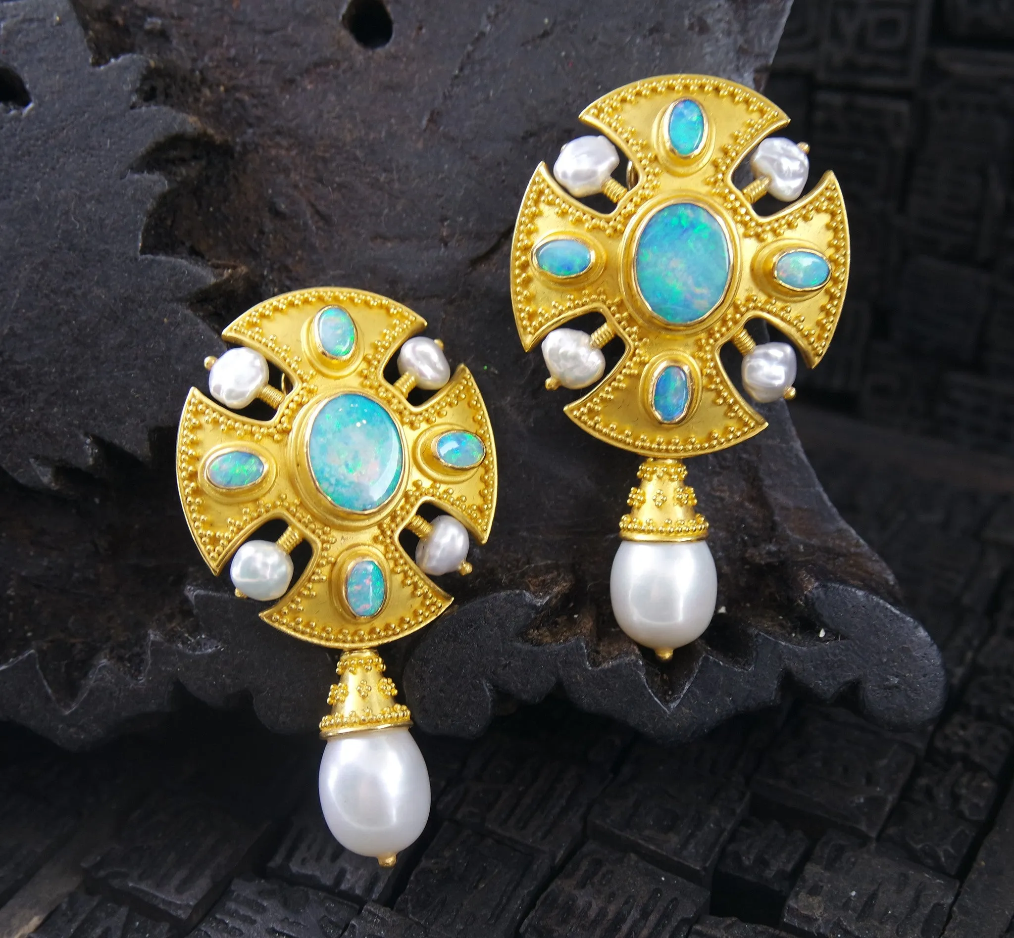 Carolyn Tyler 22K Yellow Gold, Opal, and Pearl Earrings