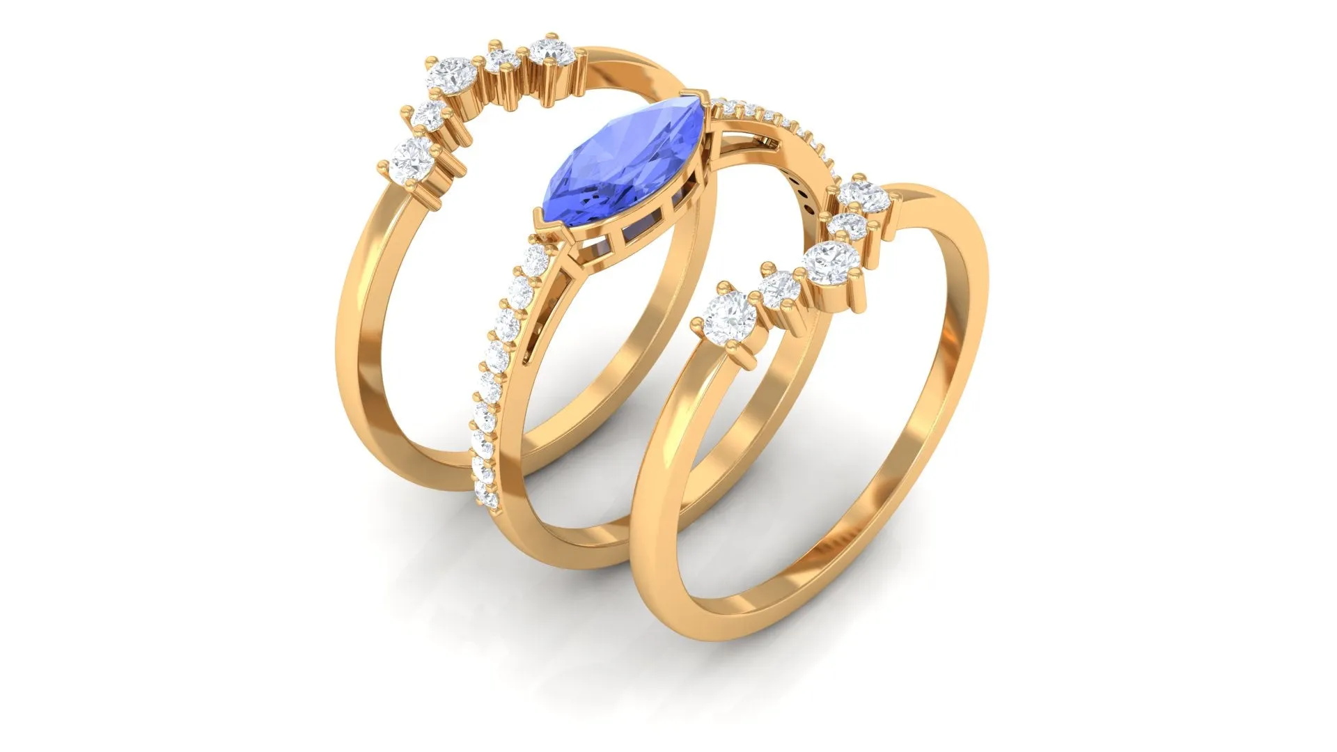 Certified Marquise Tanzanite and Diamond Stackable Ring Set of 3