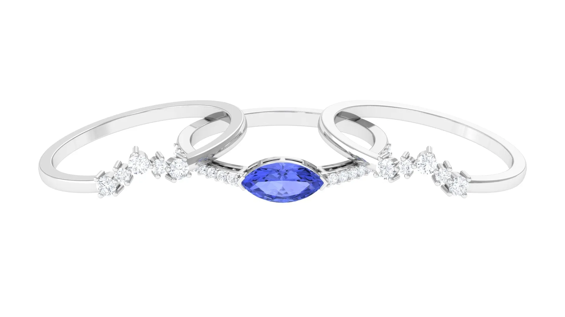 Certified Marquise Tanzanite and Diamond Stackable Ring Set of 3