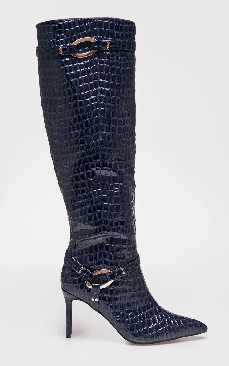 Chocolate Croc Pu Point Toe Ring Detail Knee High Heeled Boots