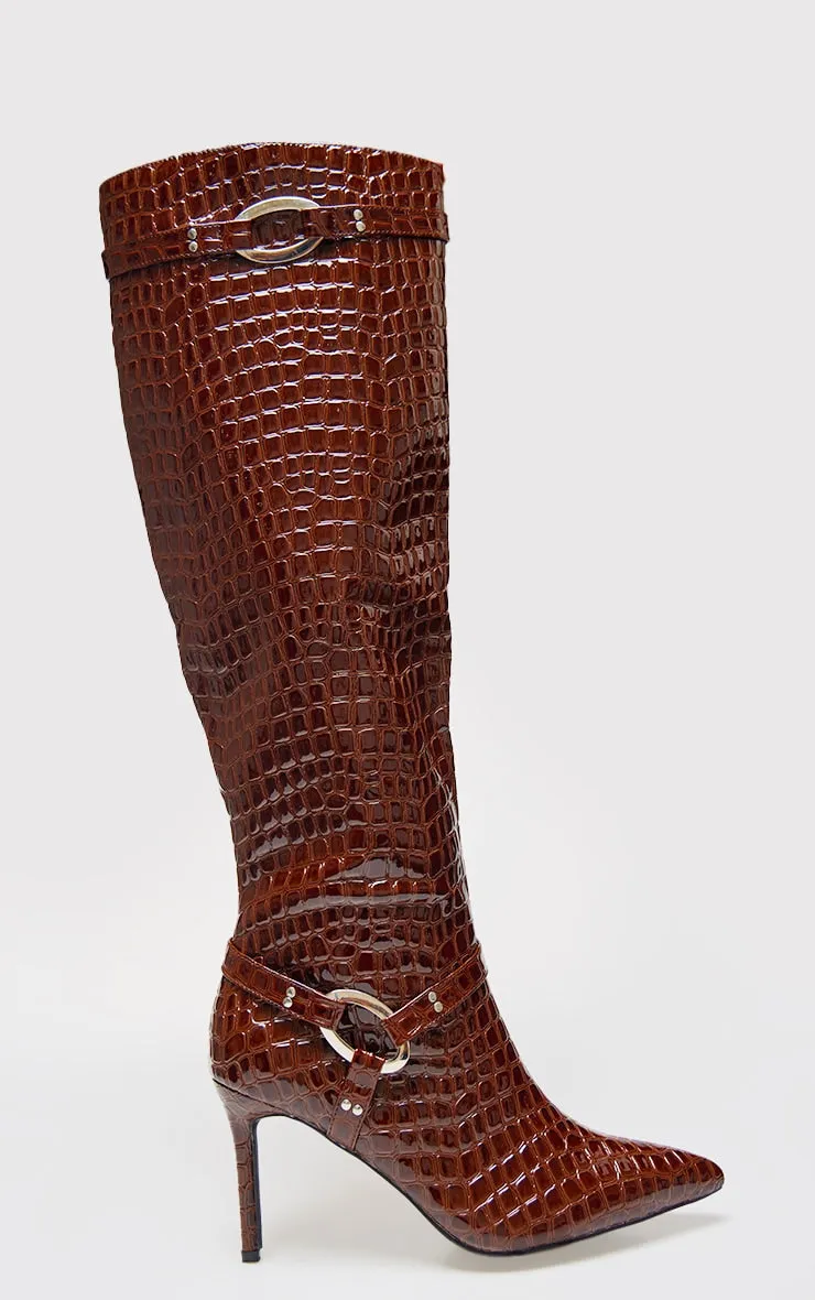 Chocolate Croc Pu Point Toe Ring Detail Knee High Heeled Boots