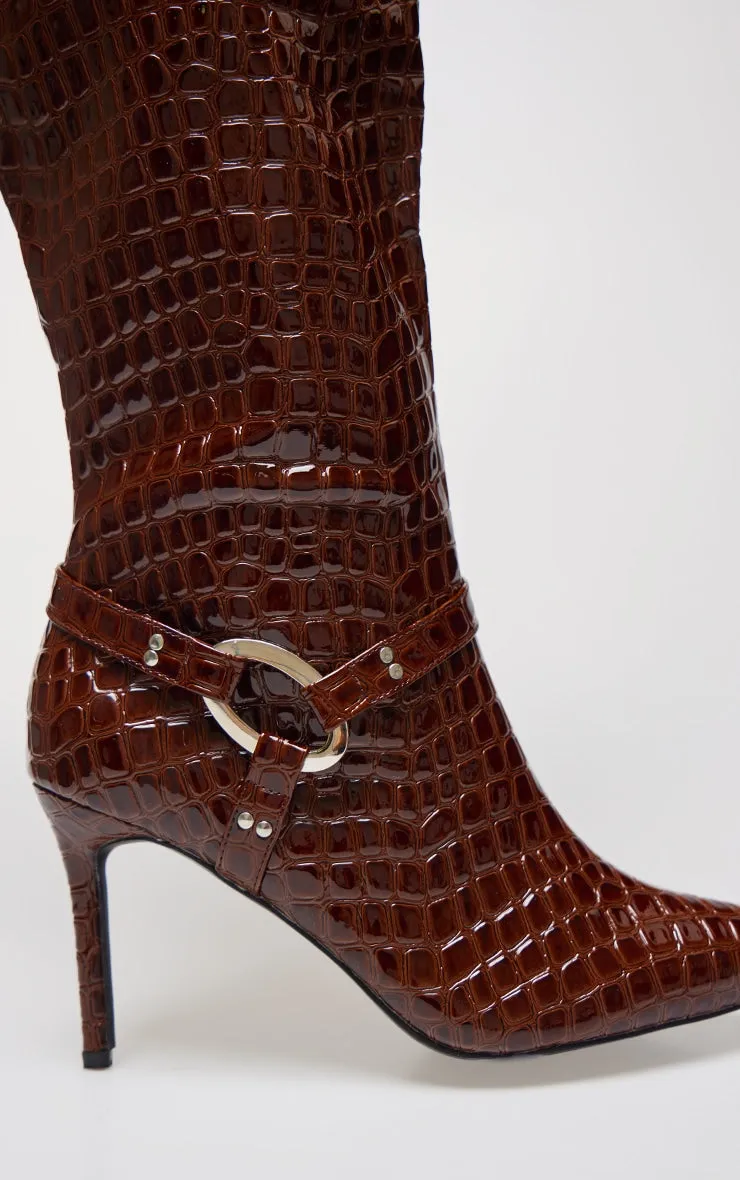 Chocolate Croc Pu Point Toe Ring Detail Knee High Heeled Boots