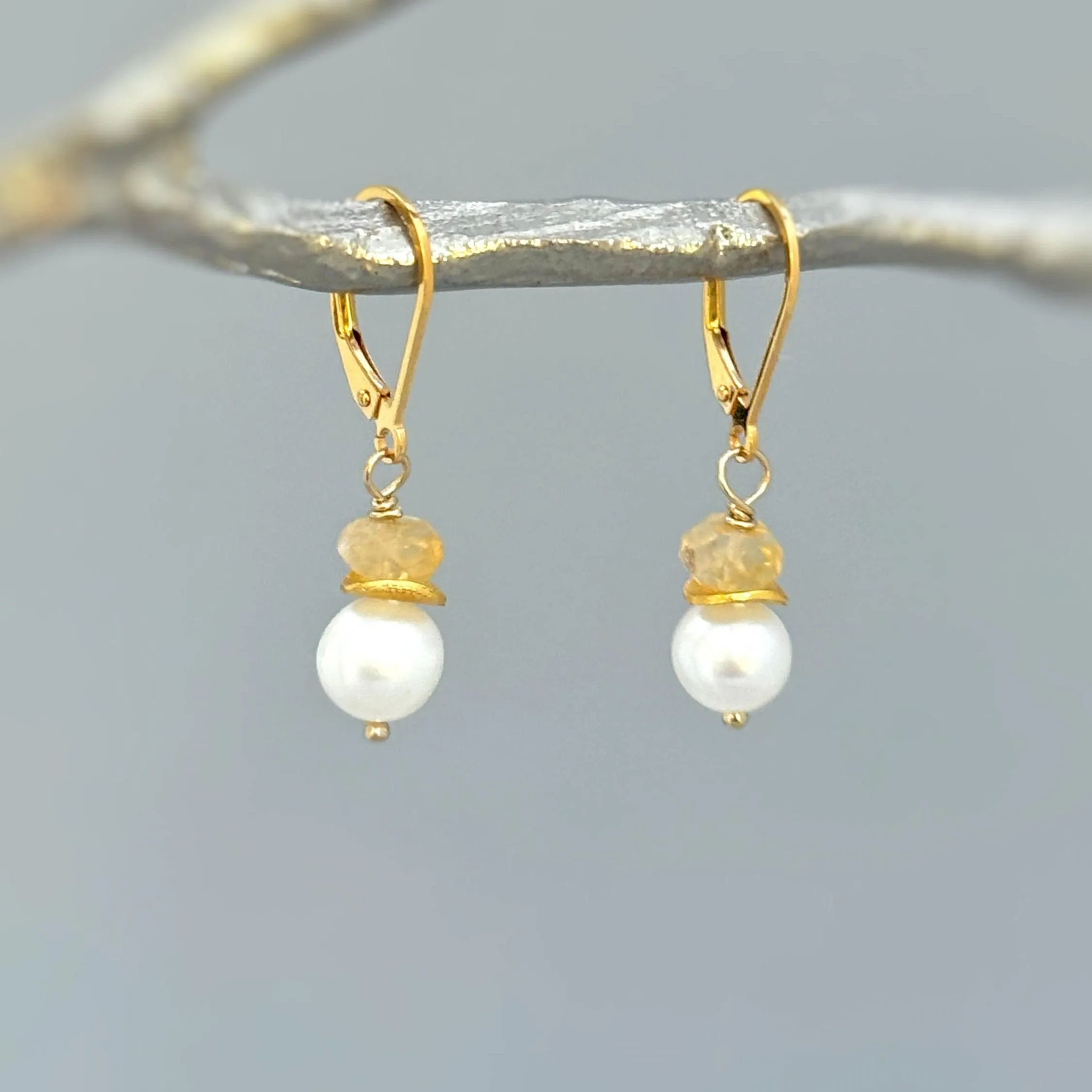 Citrine and Pearl Earrings dangle 14k gold