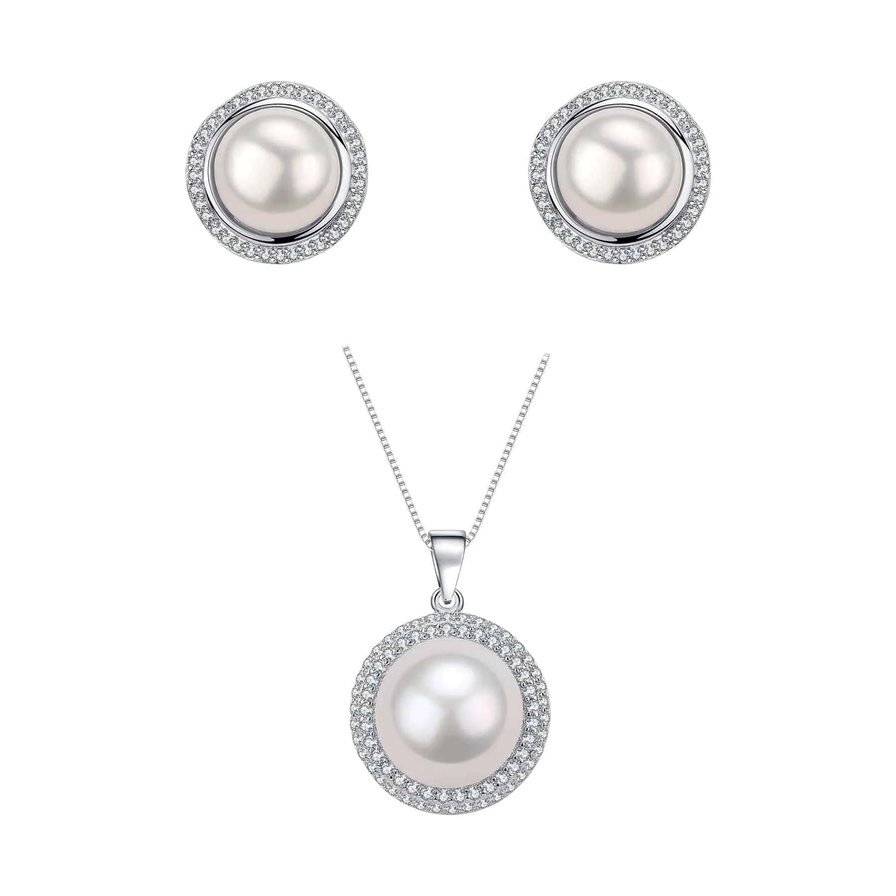 Classic White Freshwater Button Pearl Pendant Ear Stud Earrings Set