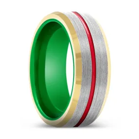 COBRA | Green Ring, Silver Tungsten Ring, Red Groove, Gold Beveled Edge