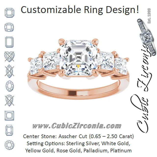 Cubic Zirconia Engagement Ring- The Abril (Customizable 5-stone Asscher Cut Style with Quad Princess-Cut Accents)