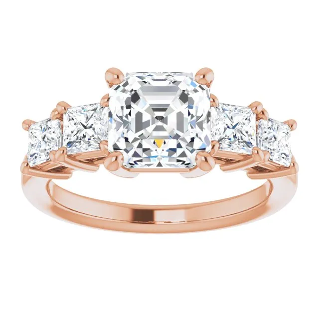 Cubic Zirconia Engagement Ring- The Abril (Customizable 5-stone Asscher Cut Style with Quad Princess-Cut Accents)