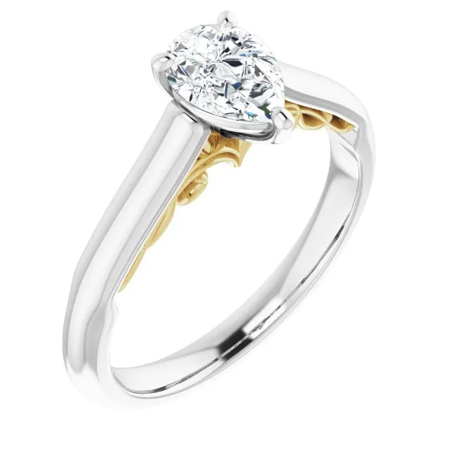 Cubic Zirconia Engagement Ring- The Adelaide (Customizable Pear Cut Cathedral Solitaire with Two-Tone Option Decorative Trellis 'Down Under')