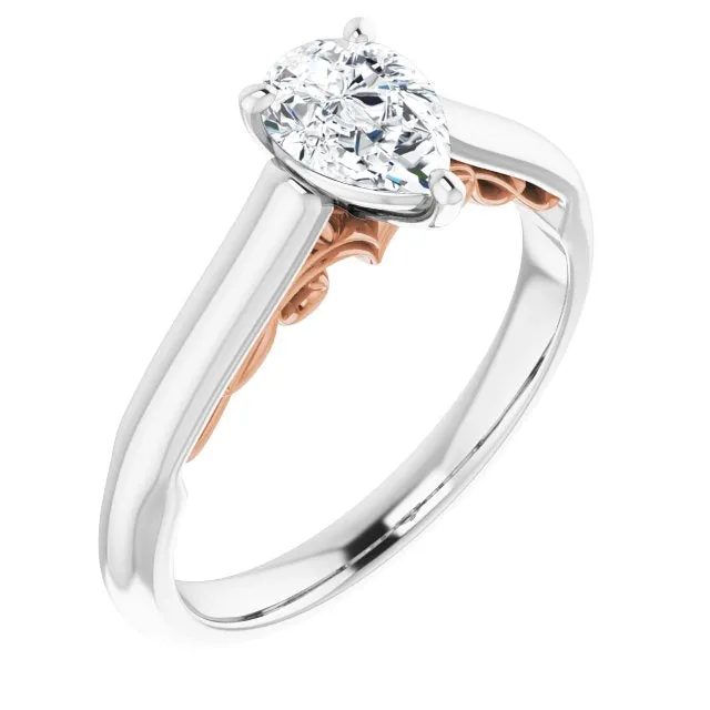 Cubic Zirconia Engagement Ring- The Adelaide (Customizable Pear Cut Cathedral Solitaire with Two-Tone Option Decorative Trellis 'Down Under')