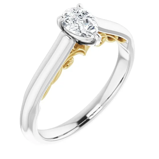 Cubic Zirconia Engagement Ring- The Adelaide (Customizable Pear Cut Cathedral Solitaire with Two-Tone Option Decorative Trellis 'Down Under')