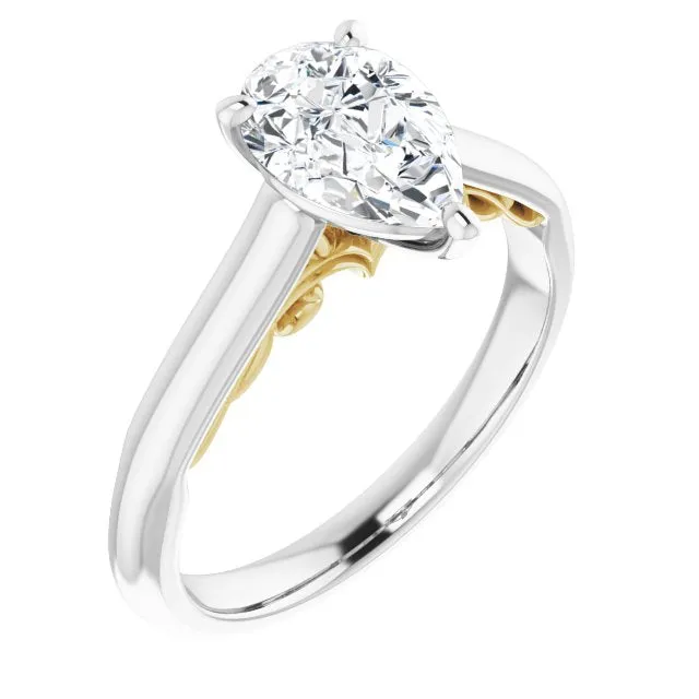 Cubic Zirconia Engagement Ring- The Adelaide (Customizable Pear Cut Cathedral Solitaire with Two-Tone Option Decorative Trellis 'Down Under')