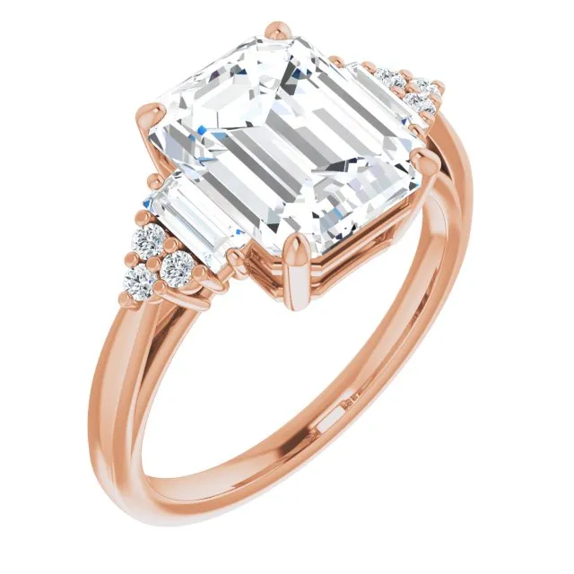 Cubic Zirconia Engagement Ring- The Barb (Customizable 9-stone Design with Radiant Cut Center, Side Baguettes and Tri-Cluster Round Accents)