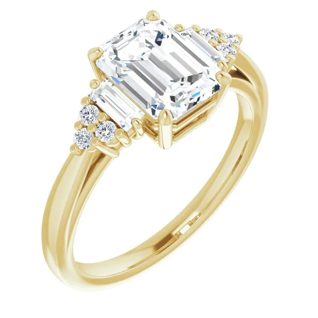 Cubic Zirconia Engagement Ring- The Barb (Customizable 9-stone Design with Radiant Cut Center, Side Baguettes and Tri-Cluster Round Accents)