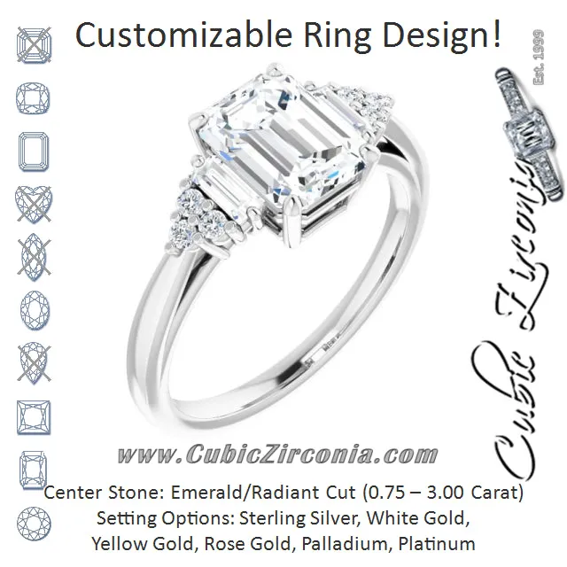 Cubic Zirconia Engagement Ring- The Barb (Customizable 9-stone Design with Radiant Cut Center, Side Baguettes and Tri-Cluster Round Accents)