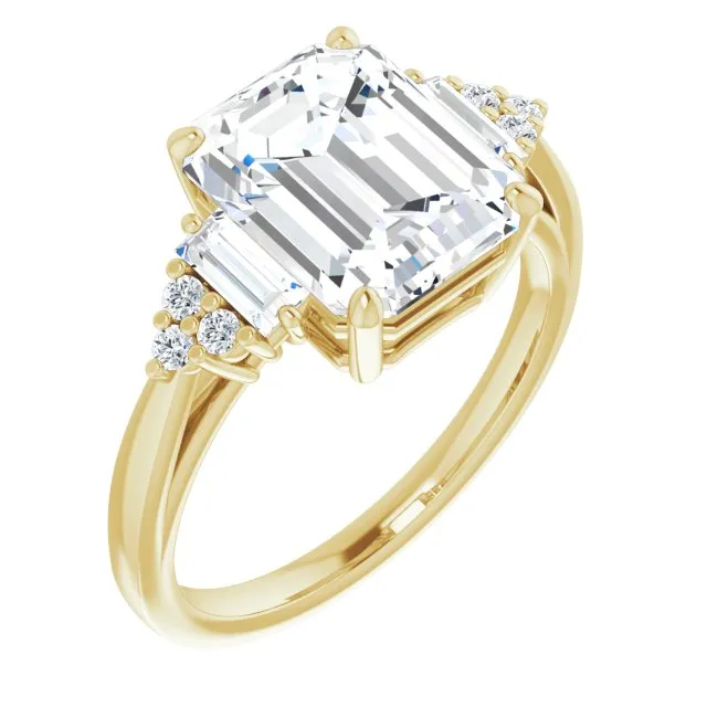 Cubic Zirconia Engagement Ring- The Barb (Customizable 9-stone Design with Radiant Cut Center, Side Baguettes and Tri-Cluster Round Accents)