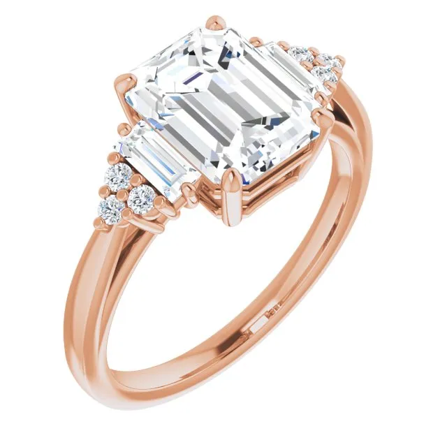 Cubic Zirconia Engagement Ring- The Barb (Customizable 9-stone Design with Radiant Cut Center, Side Baguettes and Tri-Cluster Round Accents)