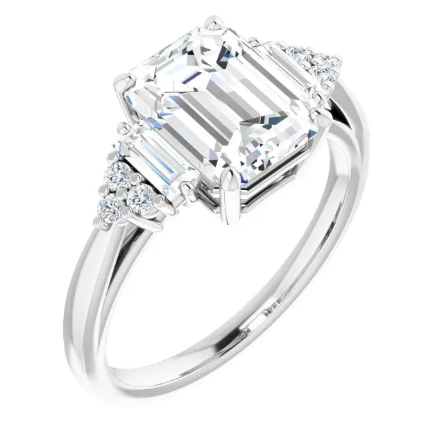 Cubic Zirconia Engagement Ring- The Barb (Customizable 9-stone Design with Radiant Cut Center, Side Baguettes and Tri-Cluster Round Accents)