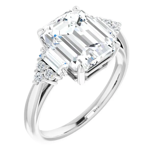 Cubic Zirconia Engagement Ring- The Barb (Customizable 9-stone Design with Radiant Cut Center, Side Baguettes and Tri-Cluster Round Accents)