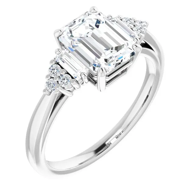 Cubic Zirconia Engagement Ring- The Barb (Customizable 9-stone Design with Radiant Cut Center, Side Baguettes and Tri-Cluster Round Accents)