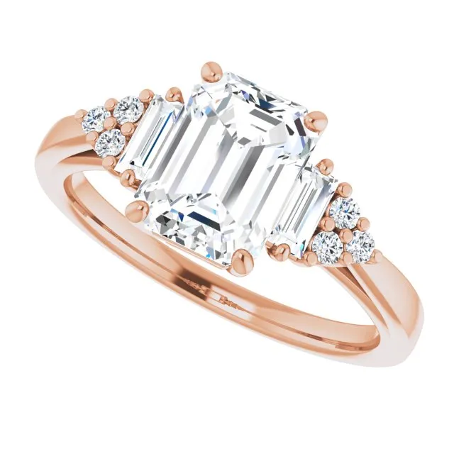 Cubic Zirconia Engagement Ring- The Barb (Customizable 9-stone Design with Radiant Cut Center, Side Baguettes and Tri-Cluster Round Accents)