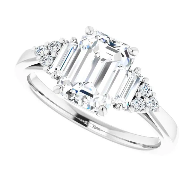 Cubic Zirconia Engagement Ring- The Barb (Customizable 9-stone Design with Radiant Cut Center, Side Baguettes and Tri-Cluster Round Accents)