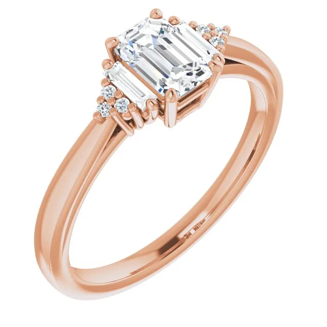 Cubic Zirconia Engagement Ring- The Barb (Customizable 9-stone Design with Radiant Cut Center, Side Baguettes and Tri-Cluster Round Accents)