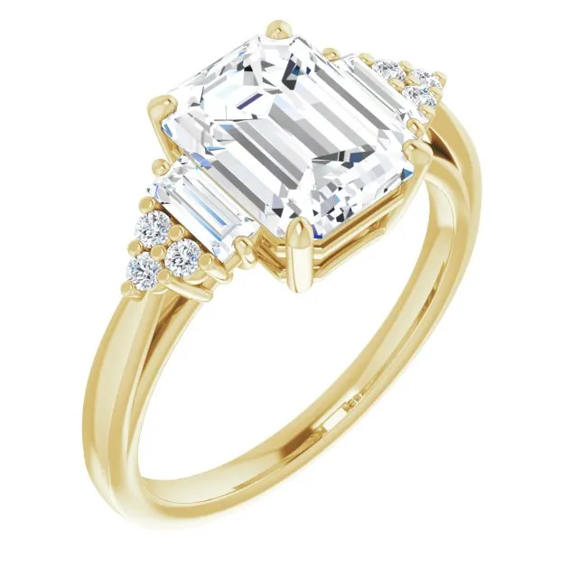 Cubic Zirconia Engagement Ring- The Barb (Customizable 9-stone Design with Radiant Cut Center, Side Baguettes and Tri-Cluster Round Accents)