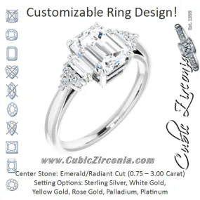 Cubic Zirconia Engagement Ring- The Barb (Customizable 9-stone Design with Radiant Cut Center, Side Baguettes and Tri-Cluster Round Accents)