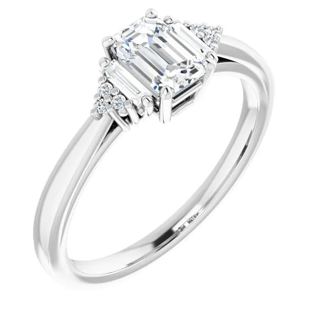 Cubic Zirconia Engagement Ring- The Barb (Customizable 9-stone Design with Radiant Cut Center, Side Baguettes and Tri-Cluster Round Accents)