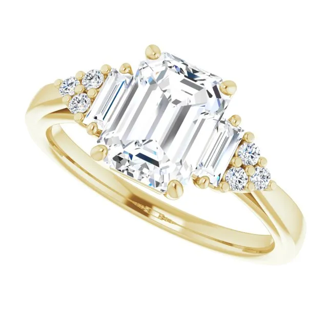 Cubic Zirconia Engagement Ring- The Barb (Customizable 9-stone Design with Radiant Cut Center, Side Baguettes and Tri-Cluster Round Accents)