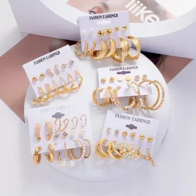 DEANWANGKT 6Pairs Punk Metal Pearls Big Hoop Earrings for Women Bohomia Gold Color Chain Circle Geometric Drop Earring Fashion Jewelry