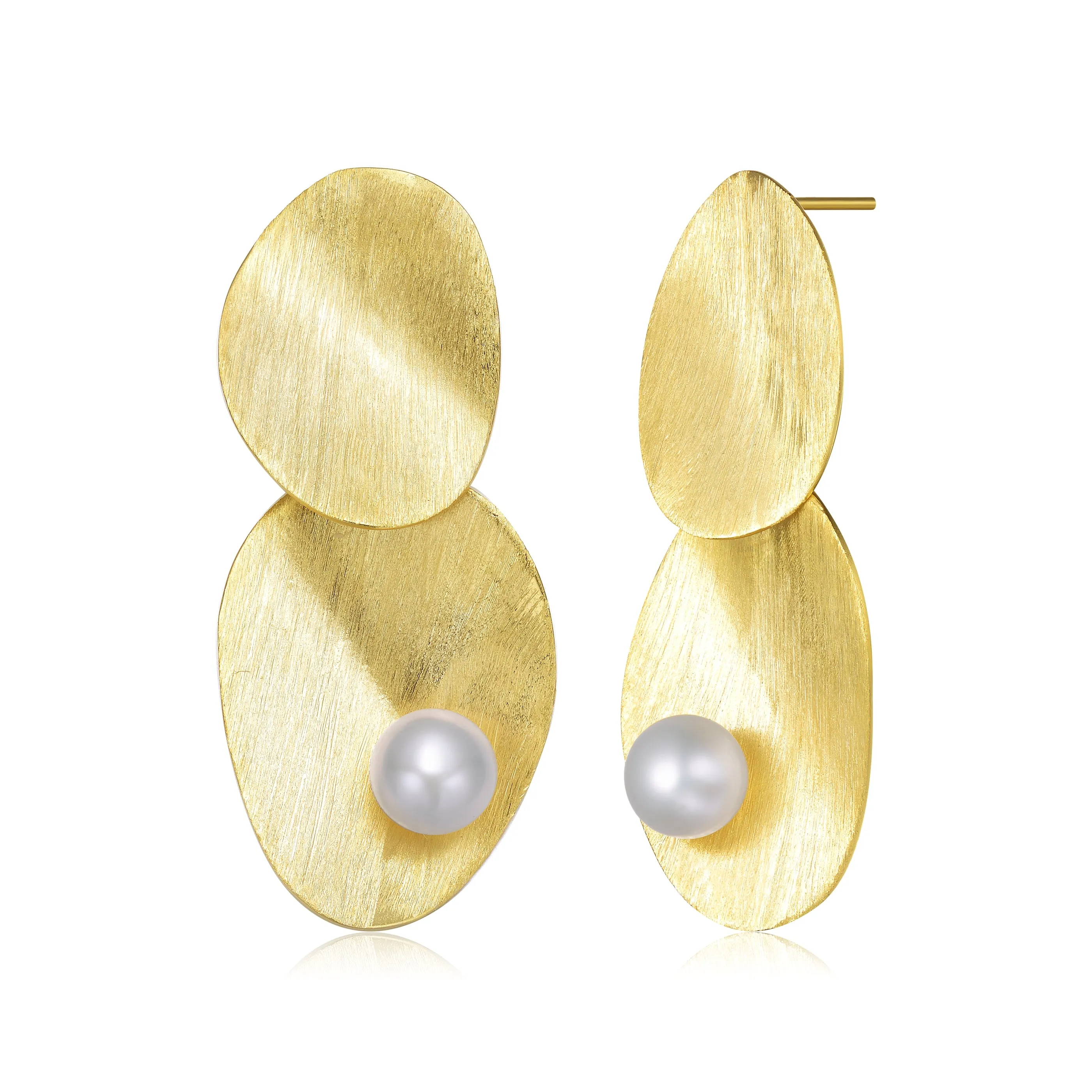 Delphine Brushed Leaf Golden Pearl Earrings