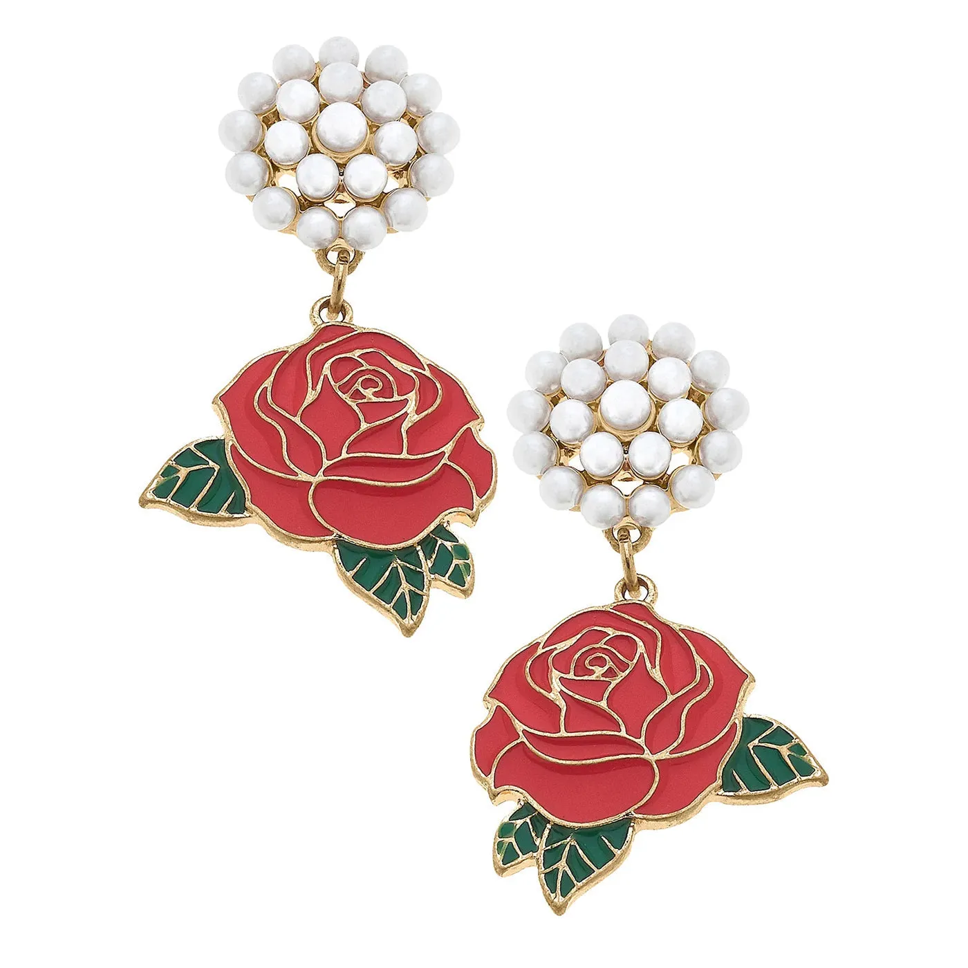 Derby Rose Enamel Drop Earrings with Pearl Cluster