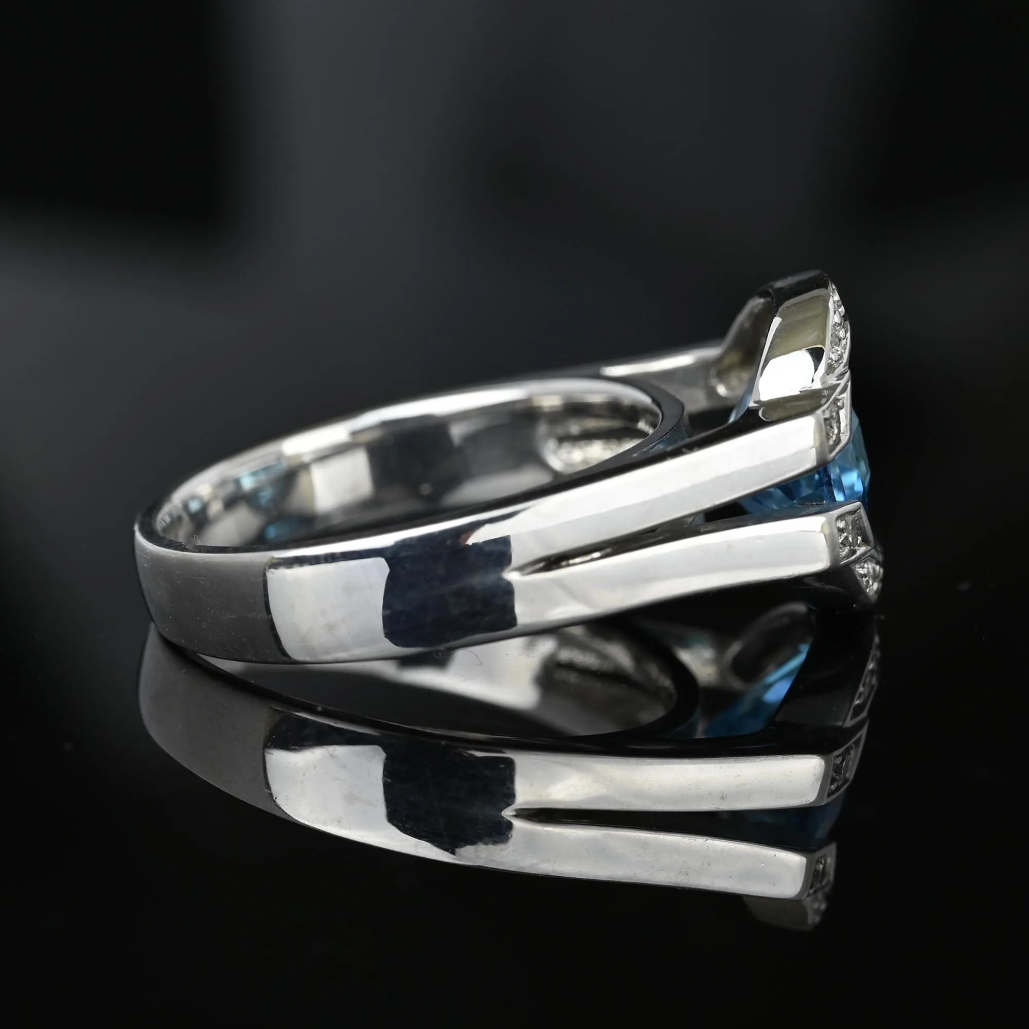 Diamond Floating Checkerboard Blue Topaz Ring in 14K White Gold