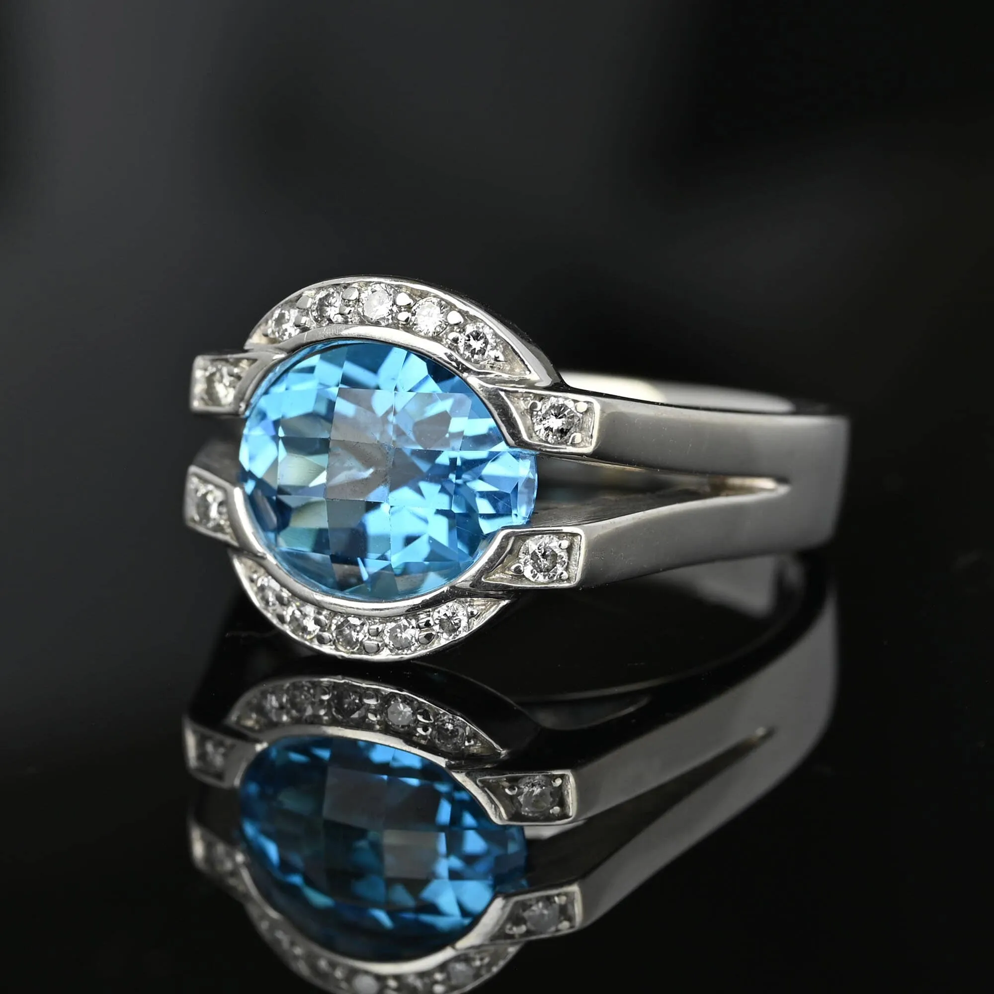 Diamond Floating Checkerboard Blue Topaz Ring in 14K White Gold