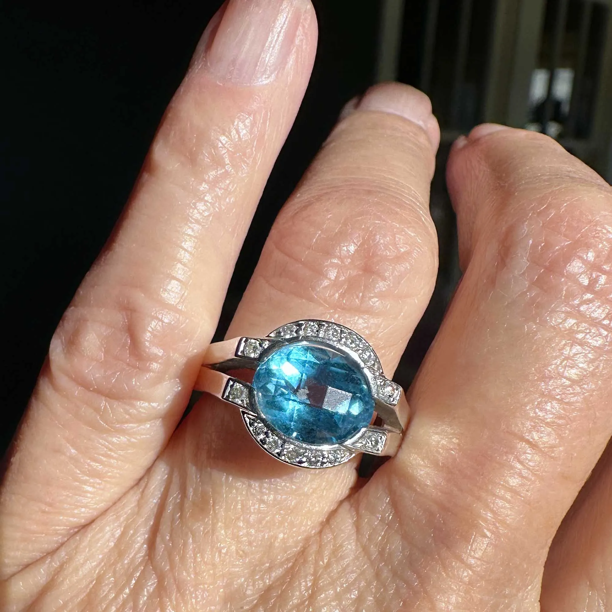 Diamond Floating Checkerboard Blue Topaz Ring in 14K White Gold