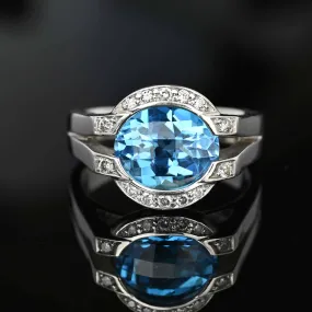 Diamond Floating Checkerboard Blue Topaz Ring in 14K White Gold