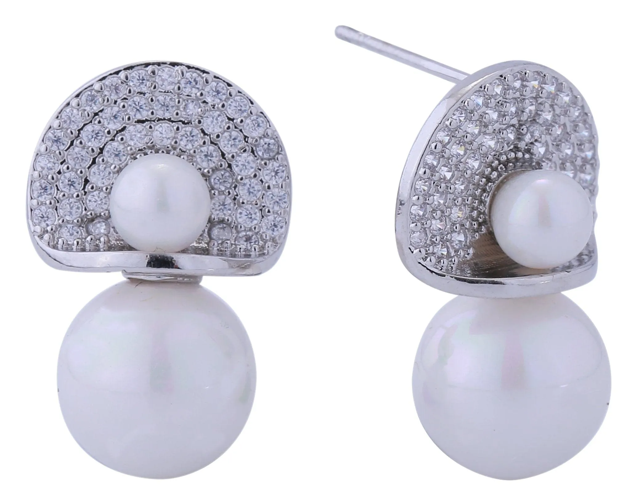 DJE310898 14K Double Pearl Pave CZ Post Earrings