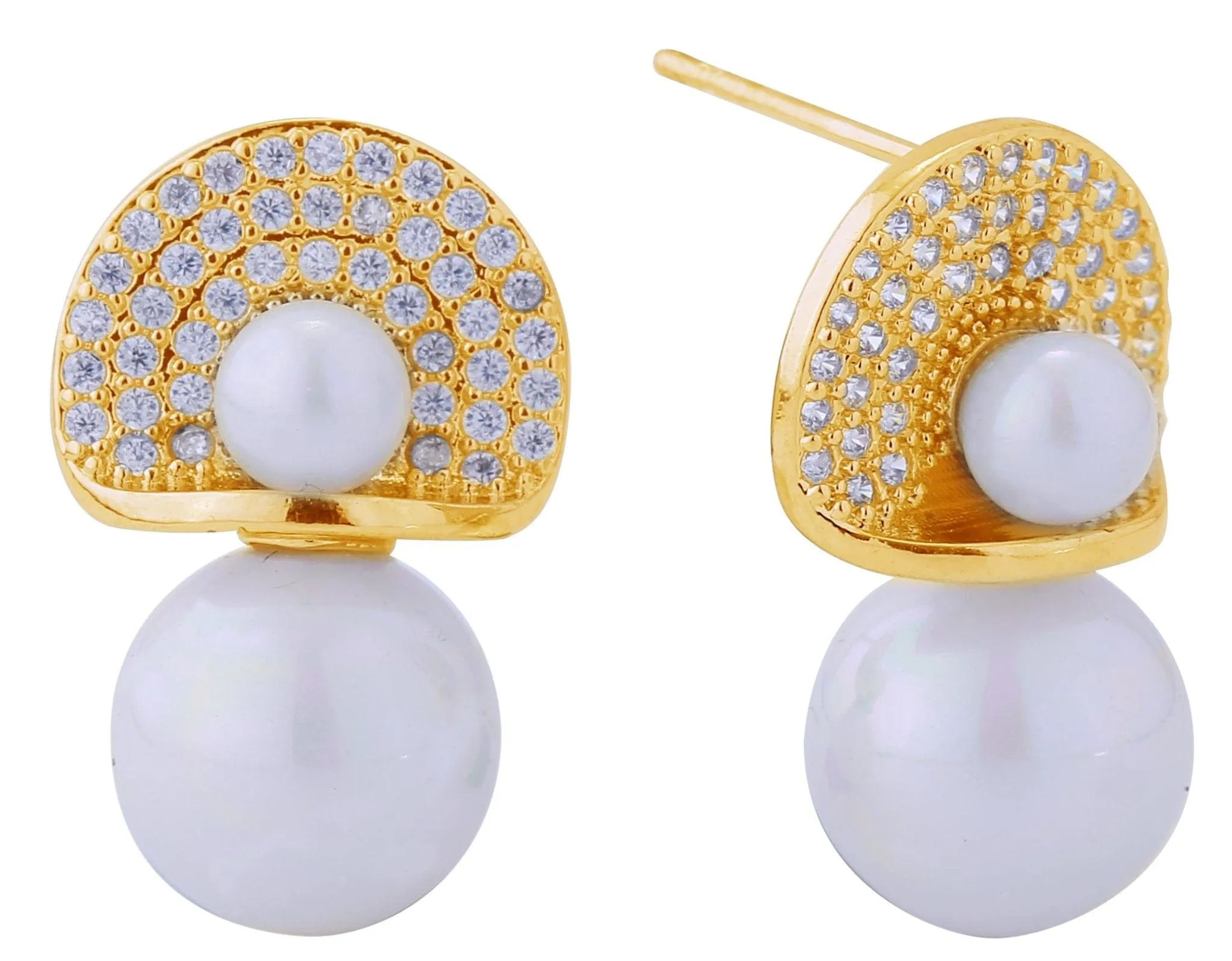 DJE310898 14K Double Pearl Pave CZ Post Earrings