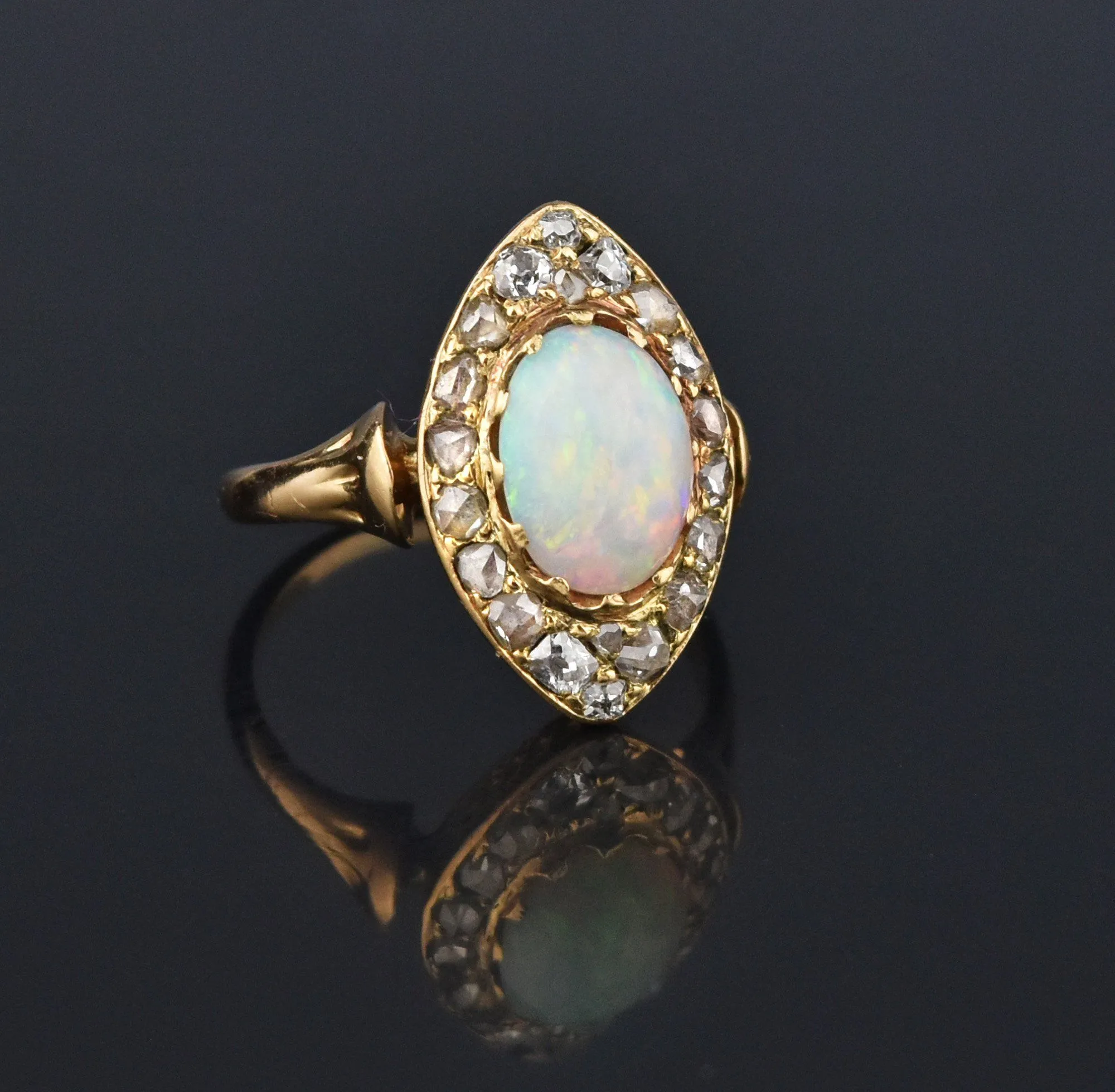 Edwardian Opal Navette Mine Cut Diamond Cluster Ring