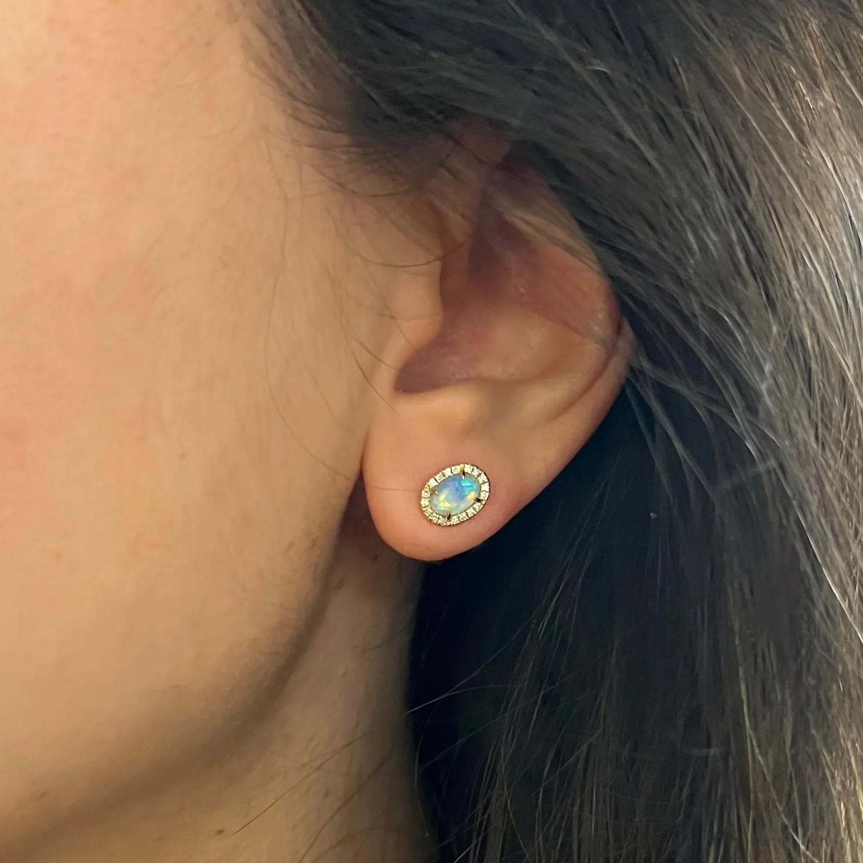 Ethiopian Opal Oval Diamond Stud Earrings