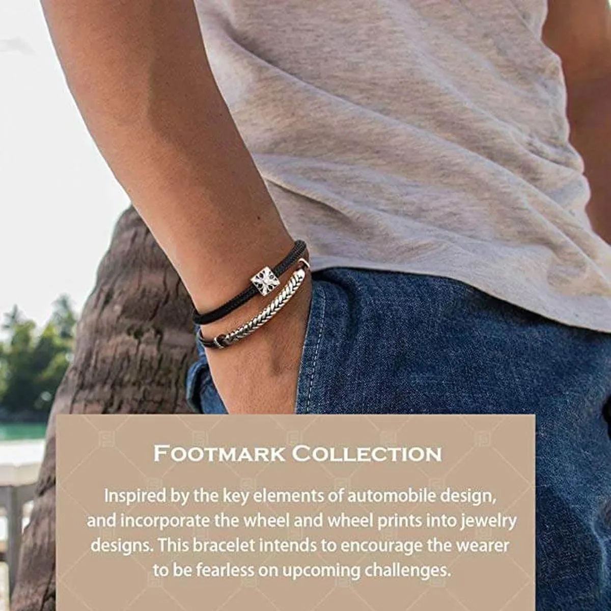 FANCIME FOOTPRINT Mens Leather Sterling Silver Bracelet