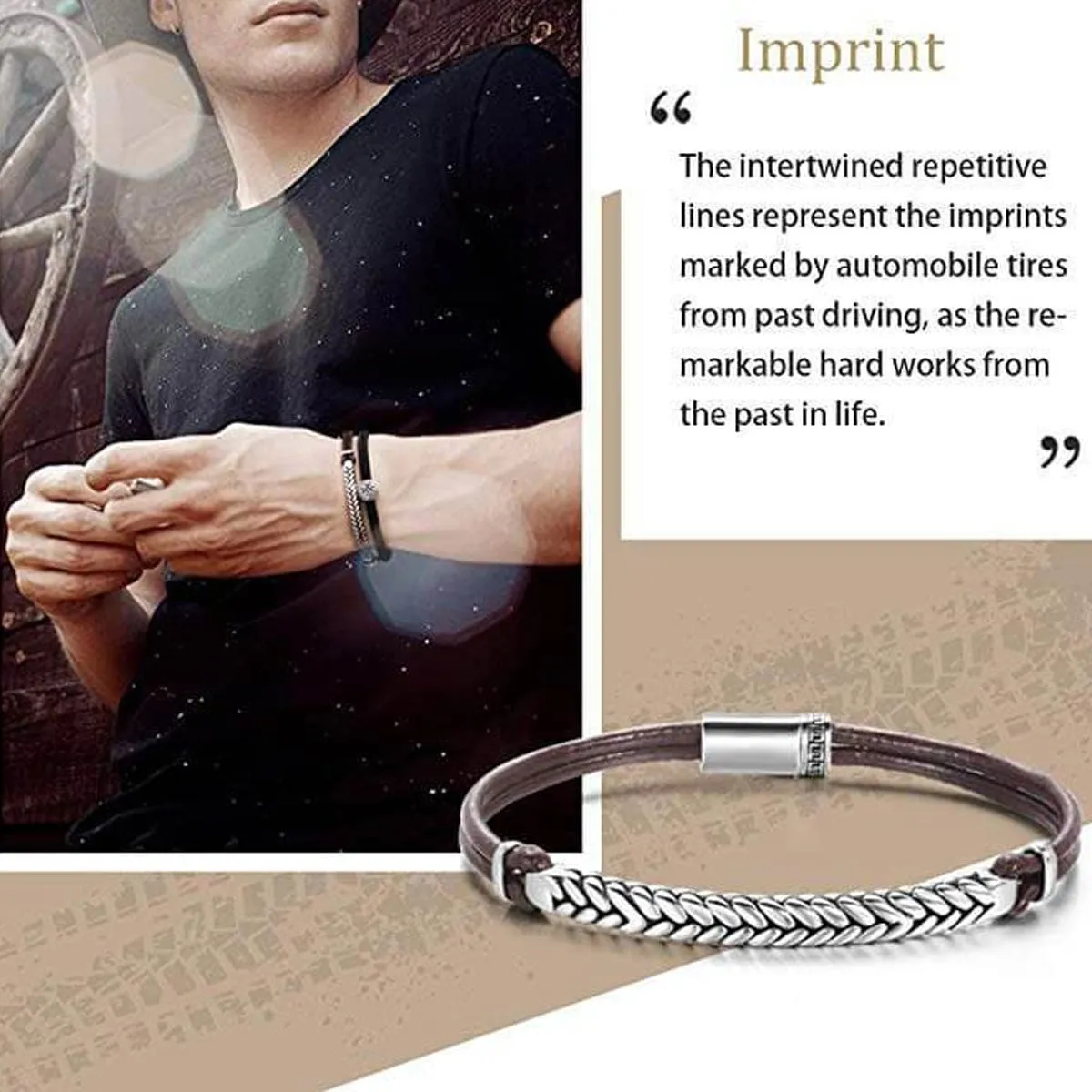 FANCIME FOOTPRINT Mens Leather Sterling Silver Bracelet