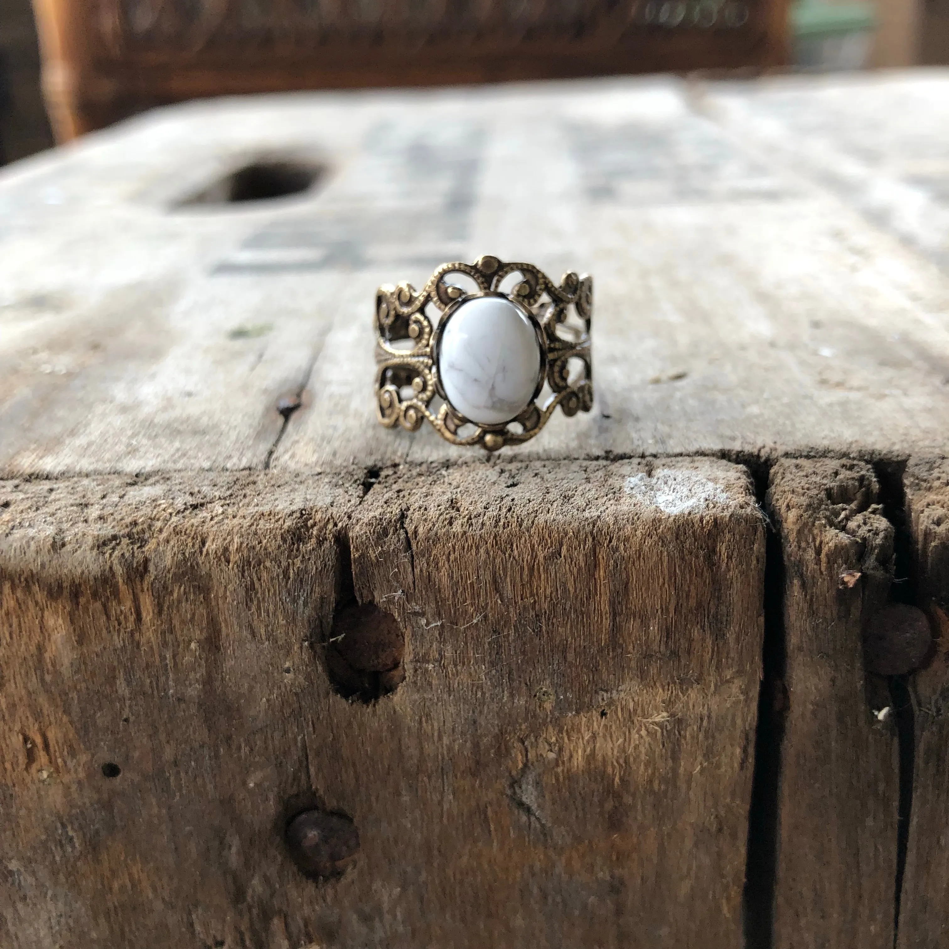 Filigree Ring - White Howlite Stone and Silver