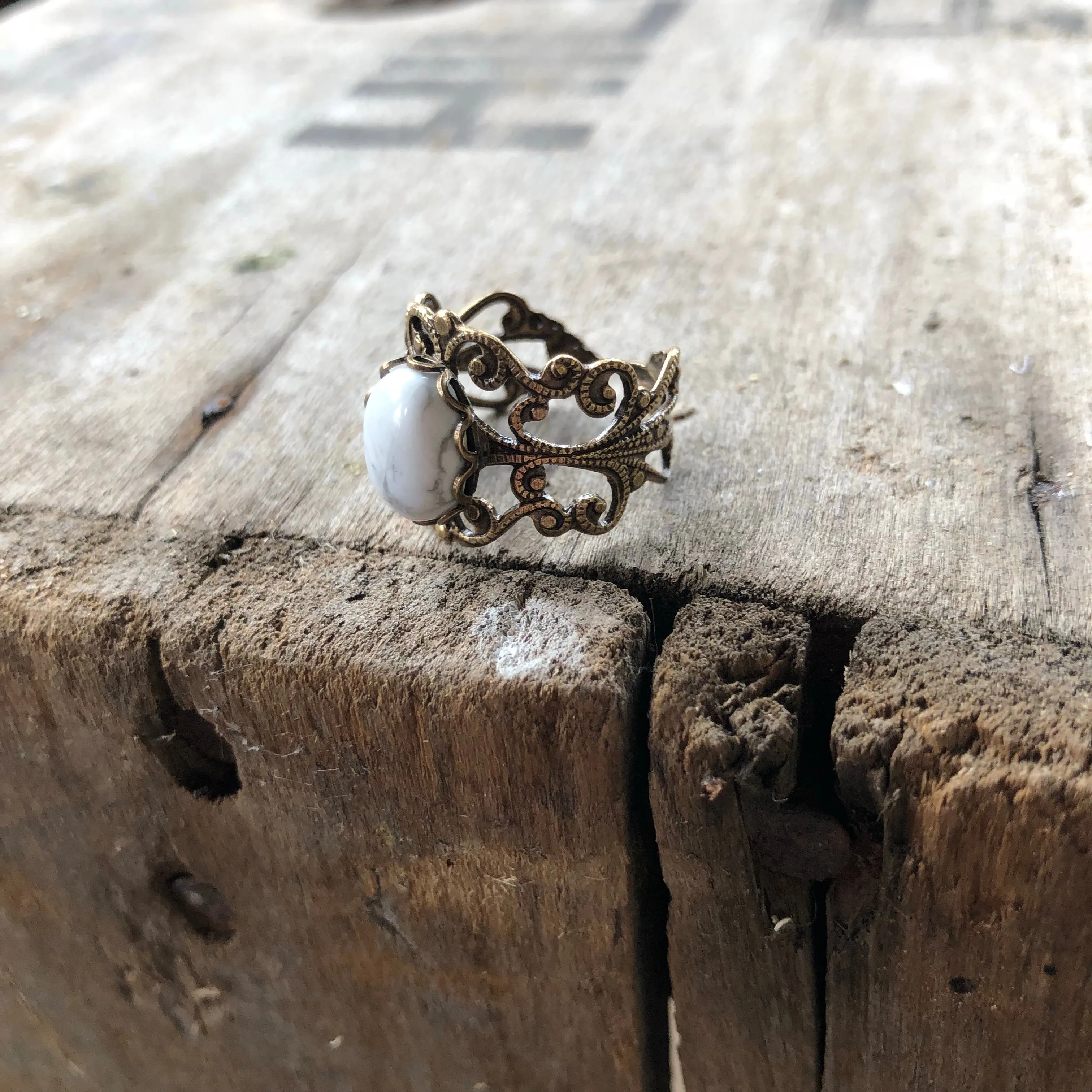 Filigree Ring - White Howlite Stone and Silver