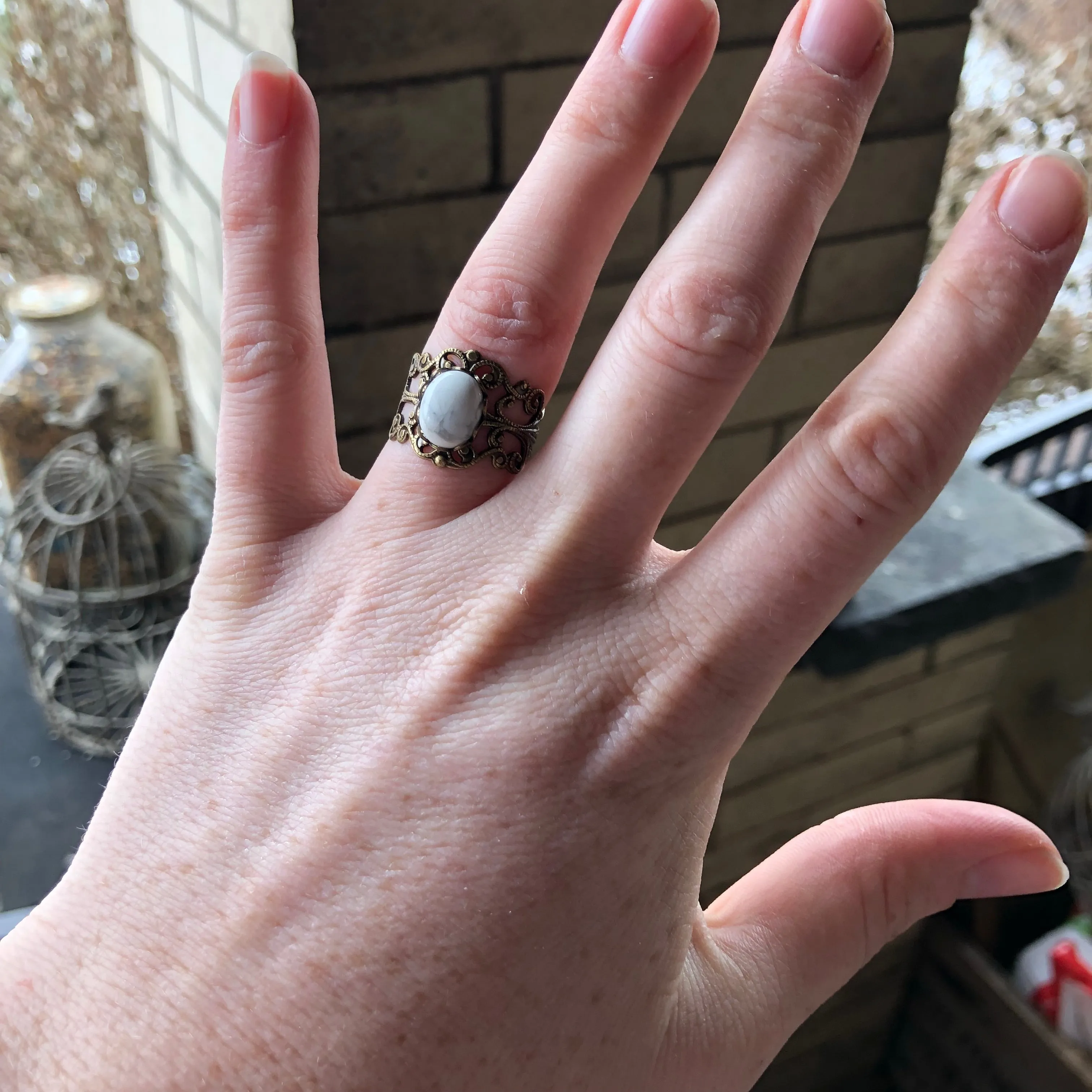 Filigree Ring - White Howlite Stone and Silver