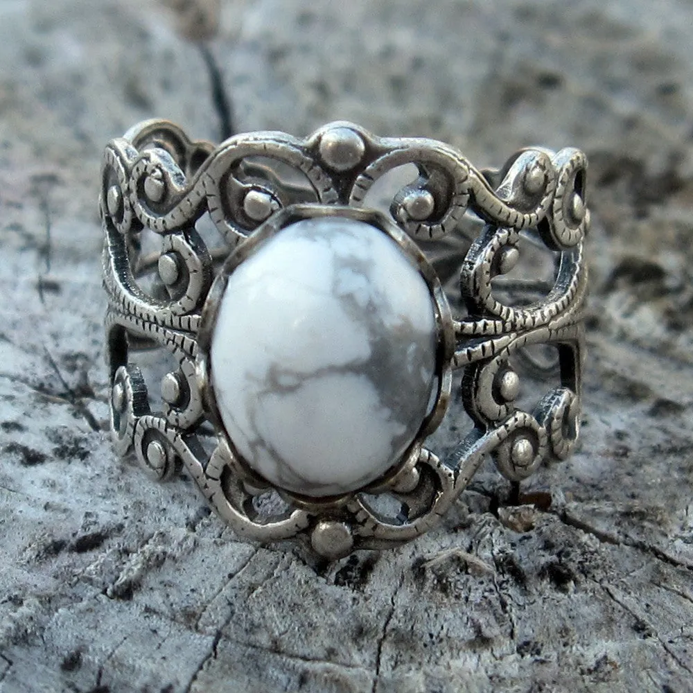 Filigree Ring - White Howlite Stone and Silver