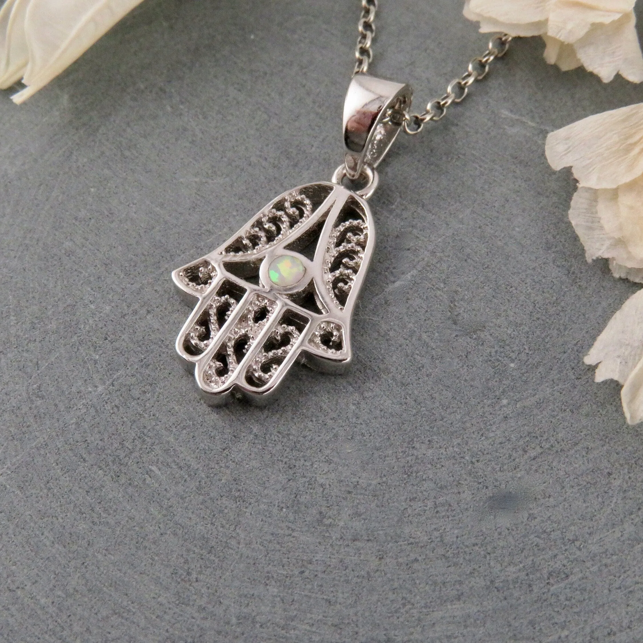 Filigree Sterling Hamsa Opal Necklace